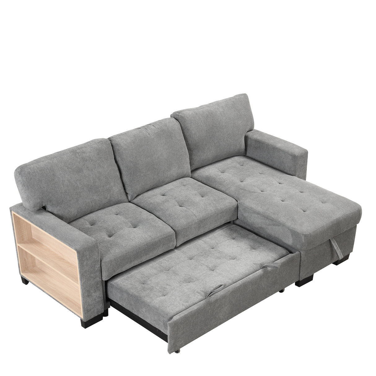 Stylish and Functional Light Chaise Lounge Sectional with Storage Rack Pull-out Bed Drop Down Table  and USB Charger Gray - Home Elegance USA