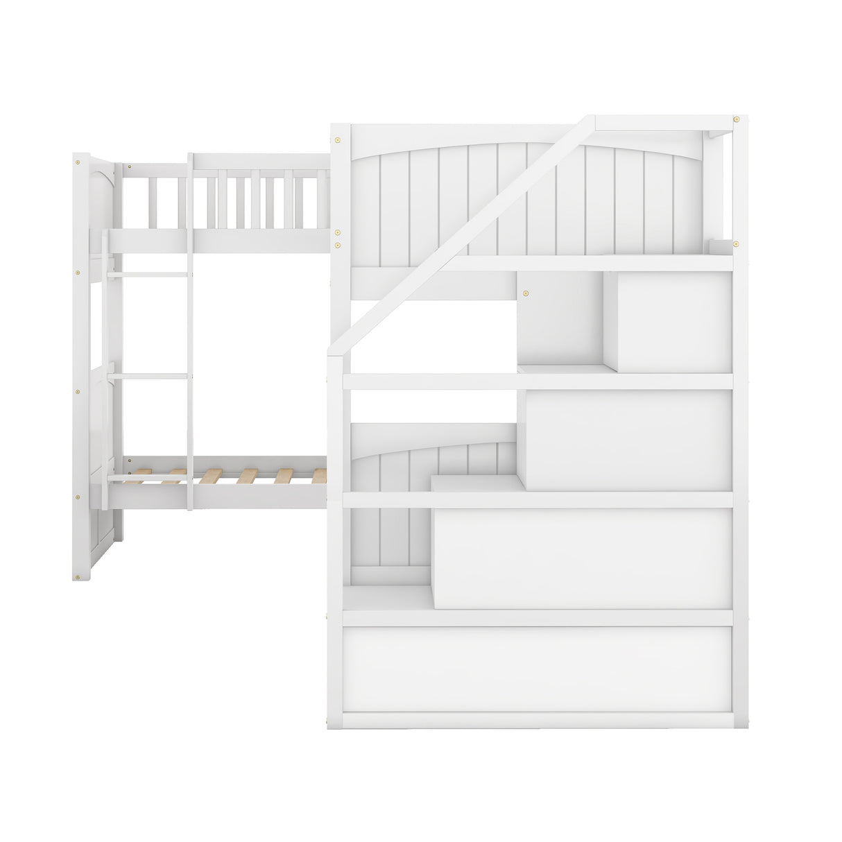 Twin over Twin Wooden L-Shaped Bunk Bed with Ladder and Stairway,White(OLD SKU:SM000303AAK-1) - Home Elegance USA