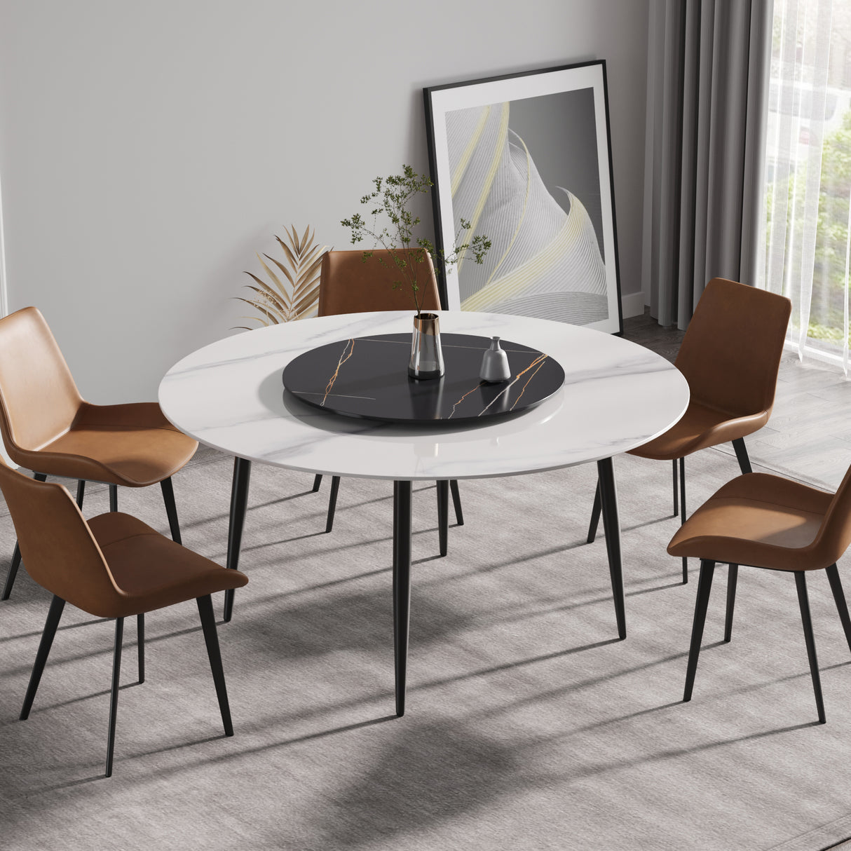 59.05"Modern artificial stone round black metal dining table - can accommodate 6 people - 31.5"black artificial stone turntable - W1535S00016 - image - 2