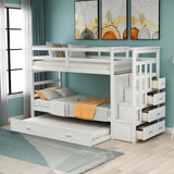 Solid Wood Bunk Bed, Hardwood Twin Over Twin Bunk Bed with Trundle and Staircase, Natural White Finish(OLD SKU :LP000068AAP) - Home Elegance USA