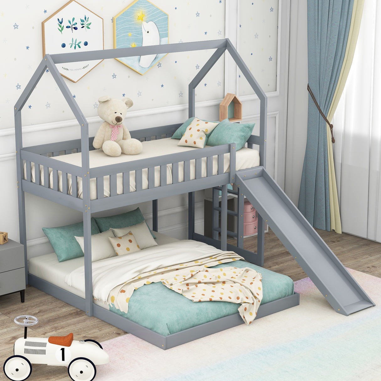 Twin over Full House Bunk Bed with Slide and Built-in Ladder,Full-Length Guardrail,Gray - Home Elegance USA