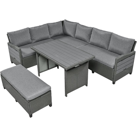 TOMAX 5-Piece Outdoor Patio Rattan Sofa Set, Sectional PE Wicker L-Shaped Garden Furniture Set with 2 Extendable Side Tables, Dining Table and Washable Covers for Backyard, Poolside, Indoor, Gray - Home Elegance USA