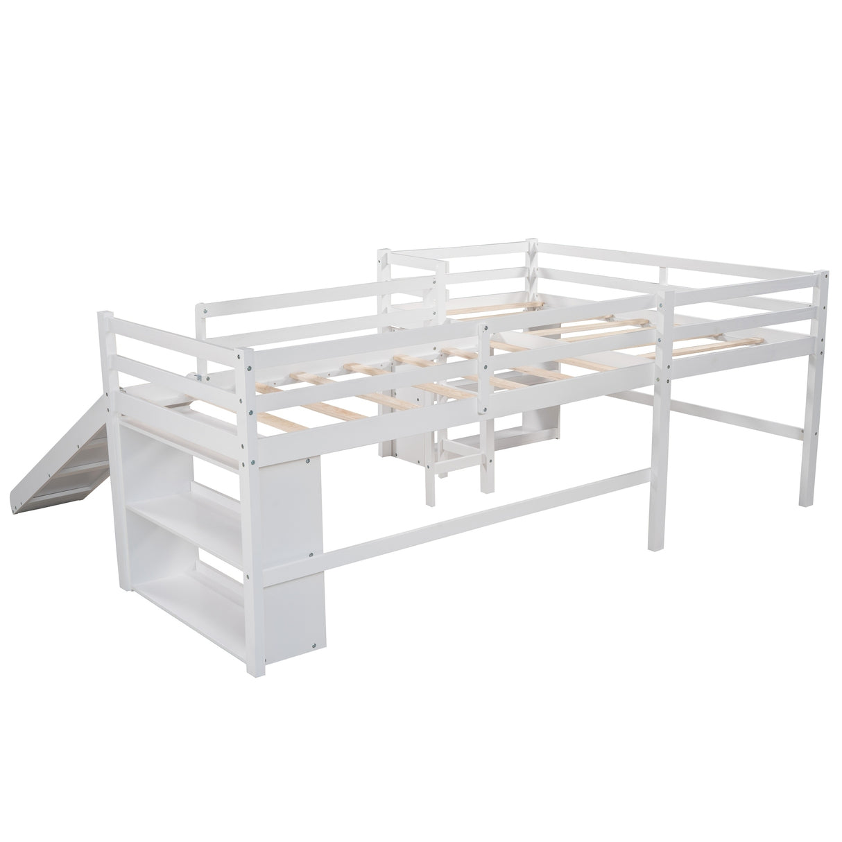 Twin Size L-Shaped Loft Bed with Movable Two-Tier Shelves and Slide,White - Home Elegance USA