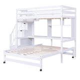 Twin over Full Bunk Bed with Storage Staircase, Desk, Shelves and Hanger for Clothes, White - Home Elegance USA