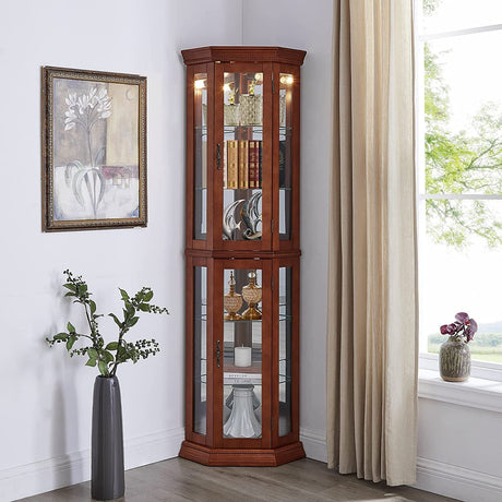 Corner Curio Cabinet with Lights, Adjustable Tempered Glass Shelves, Mirrored Back, Display Cabinet,Walnut (E26 light bulb not included) Home Elegance USA