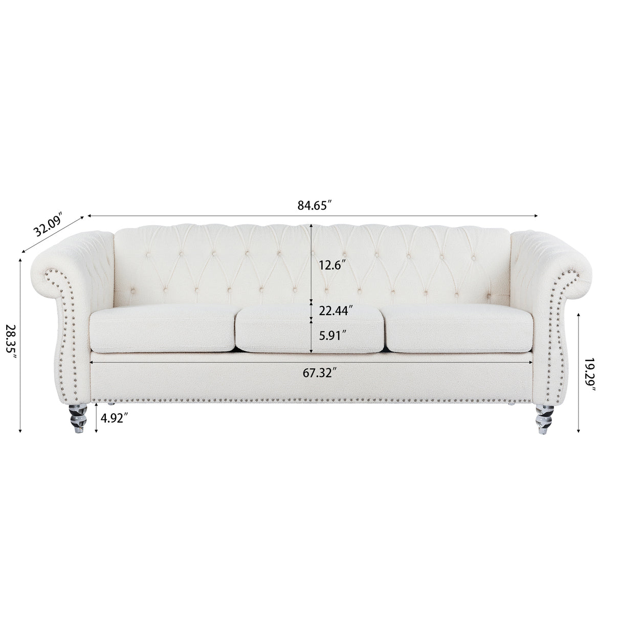 84.65" Rolled Arm Chesterfield 3 Seater Sofa | Home Elegance USA