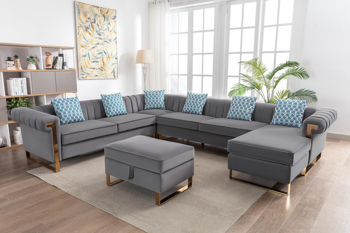 Maddie Gray Velvet 8-Seater Sectional Sofa with Reversible Chaise and Storage Ottoman - Home Elegance USA