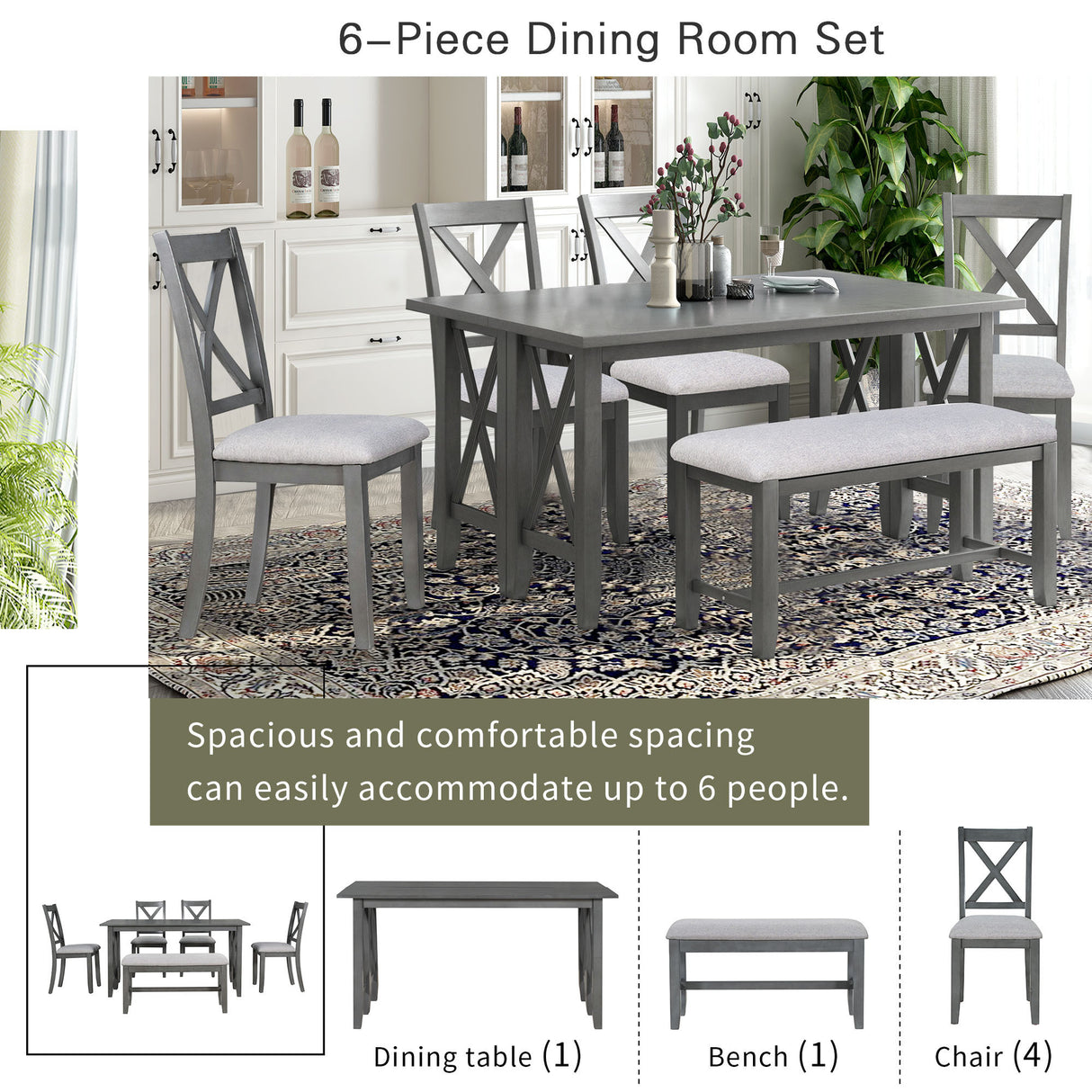 TREXM 6-Piece Family Dining Room Set Solid Wood Space Saving Foldable Table and 4 Chairs with Bench for Dining Room (Gray) - Home Elegance USA