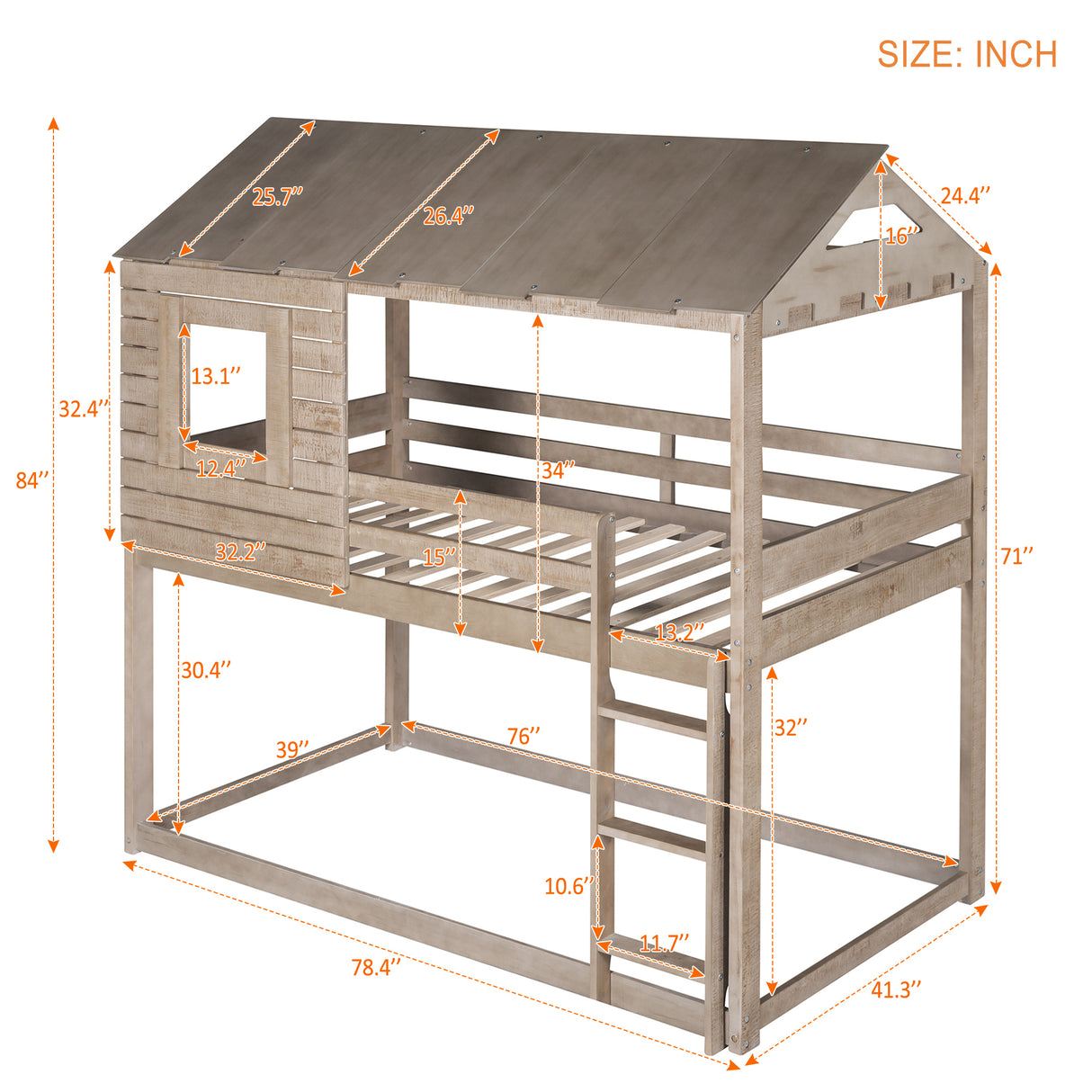 Twin Over Twin Bunk Bed Wood Loft Bed with Roof, Window, Guardrail, Ladder (Antique Gray) (OLD SKU :LP000062AAN) - Home Elegance USA