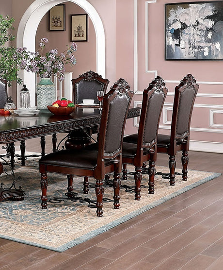 Majestic Traditional Set of 2pcs Side Chairs Brown Cherry Solid wood Faux Wood Carved Details Black Leatherette Seats Formal Dining Room Furniture - Home Elegance USA