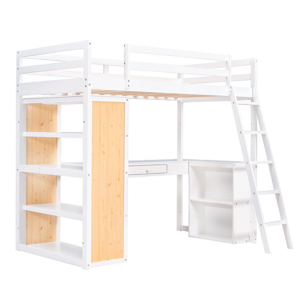 Twin Size Loft Bed with Ladder, Shelves, and Desk, White - Home Elegance USA