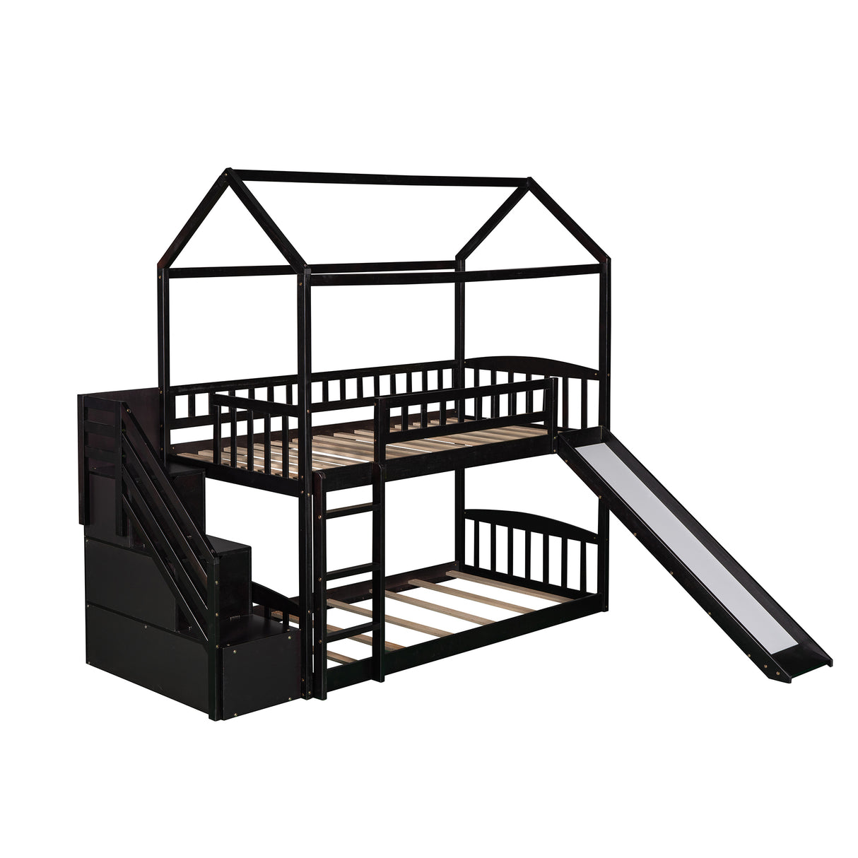 Twin Over Twin Bunk Bed with Drawers and Slide, House Bed with Slide,Espresso(OLD SKU :LP000215AAP) - Home Elegance USA