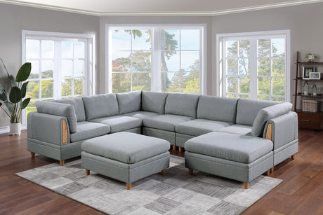 Living Room Furniture 8pc Sectional Sofa Set Light Grey Dorris Fabric Couch 3x Wedges 3x Armless Chair And 2x Ottomans - Home Elegance USA