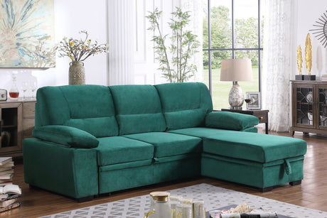 Kipling Green Velvet Fabric Reversible Sleeper Sectional Sofa Chaise - Home Elegance USA