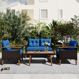 GO 4-Piece Garden Furniture,  Patio Seating Set, PE Rattan Outdoor Sofa Set, Wood Table and Legs, Brown and Blue