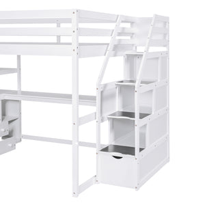 Full Size Loft Bed with Desk and Shelves, Two Built-in Drawers, Storage Staircase, White