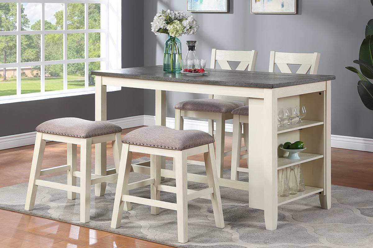 Modern Contemporary 5pc Counter Height High Dining Table w Storage Shelves High Chairs And Stools Wooden Kitchen Breakfast Table Dining Room Furniture - Home Elegance USA
