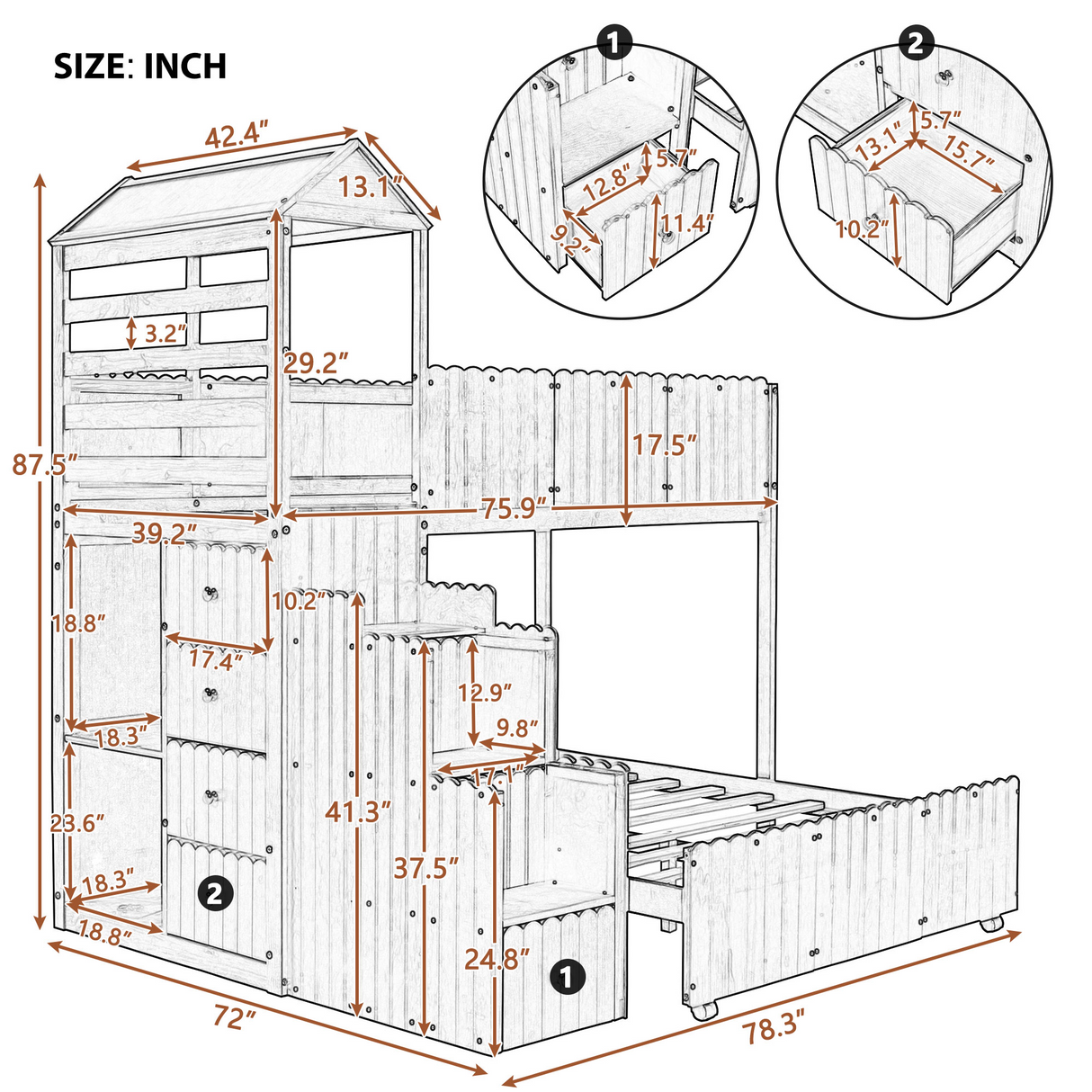 Stairway Twin Over Full Bunk Bed, House Bed with Two Shelves and Seven Drawers,White - Home Elegance USA