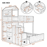 Stairway Twin Over Full Bunk Bed, House Bed with Two Shelves and Seven Drawers,White - Home Elegance USA