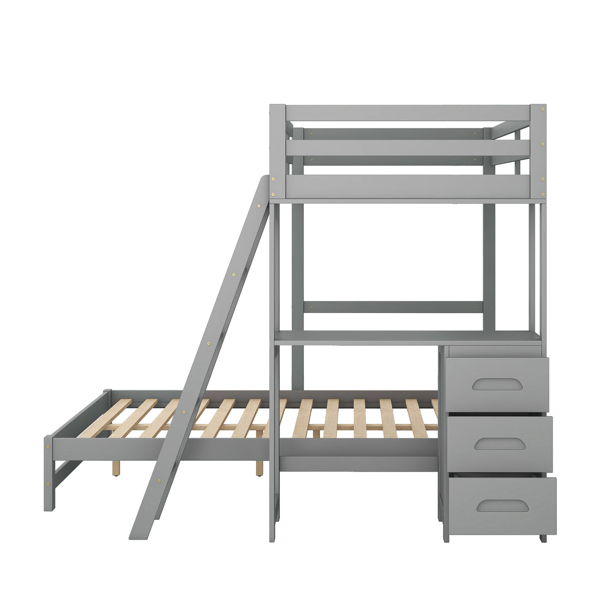 Twin over Full Bunk Bed with Built-in Desk and Three Drawers,Grey - Home Elegance USA