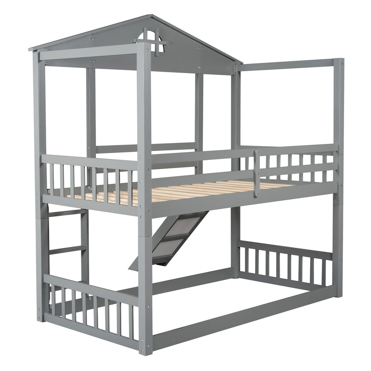 Twin over Twin House Bunk Bed with Convertible Slide and Ladder,Converts into 2 Separate Platform Beds,Gray - Home Elegance USA