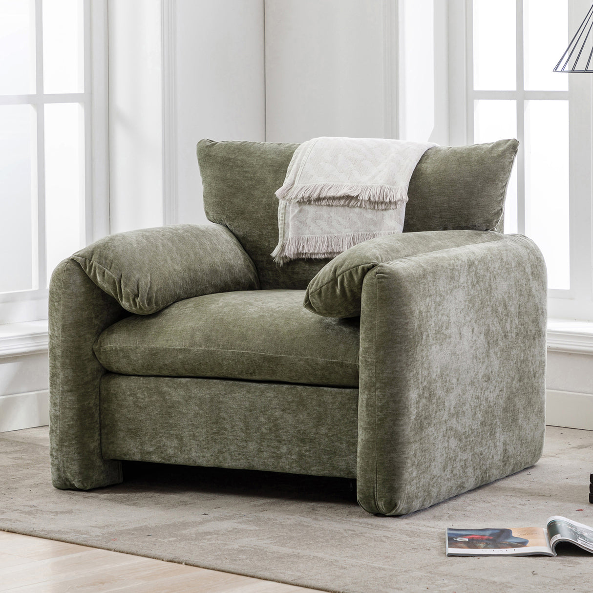 Modern Style Chenille Oversized Armchair Accent Chair Single Sofa Lounge Chair 38.6'' W for Living Room, Bedroom, Matcha Green - Home Elegance USA