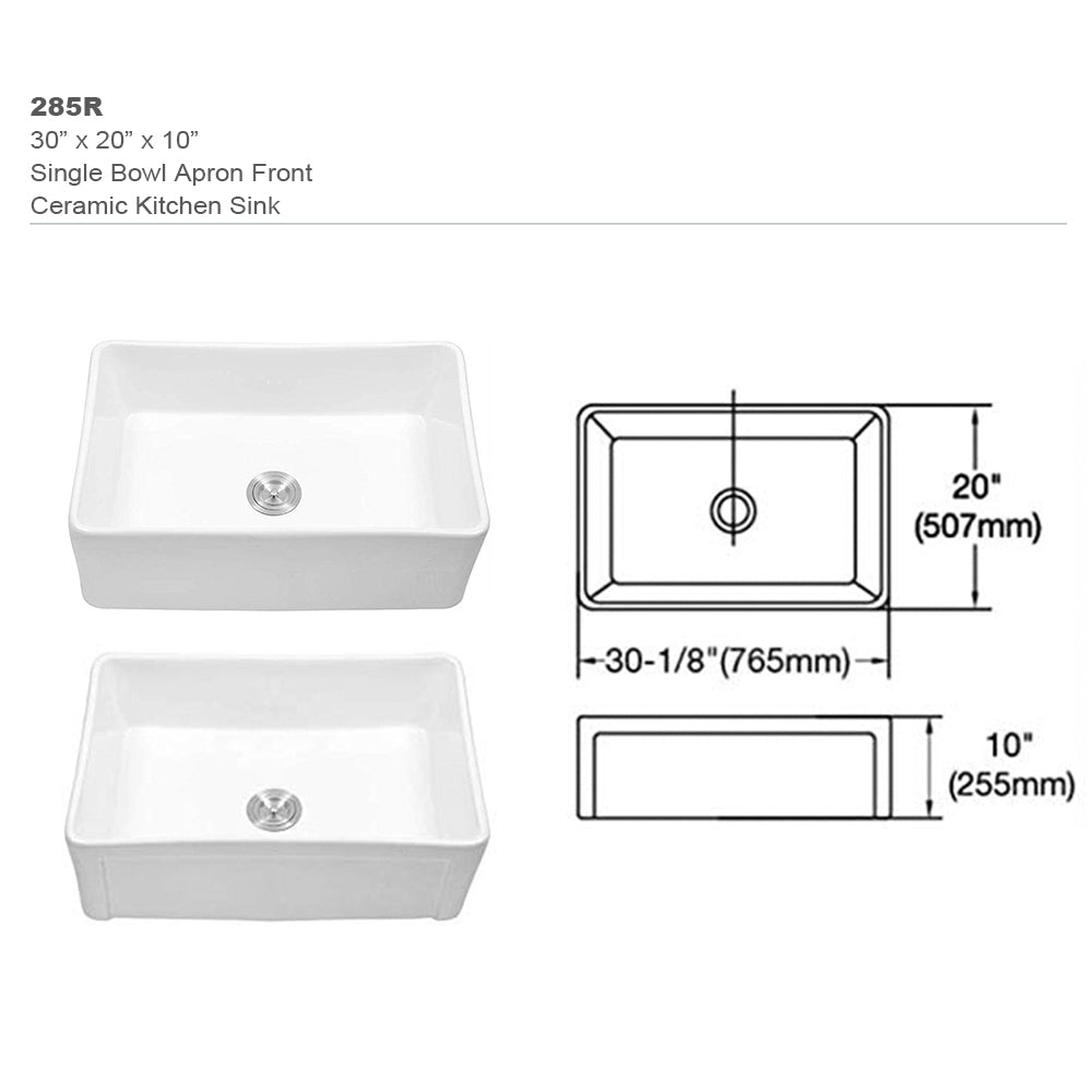 30 x 20 inch ceramic Farmhouse Apron-Front Kitchen Sink Single Bowl White
