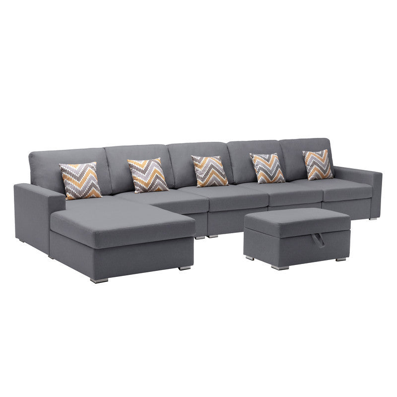 Nolan Gray Linen Fabric 6Pc Reversible Sectional Sofa Chaise with Interchangeable Legs, Pillows and Storage Ottoman - Home Elegance USA