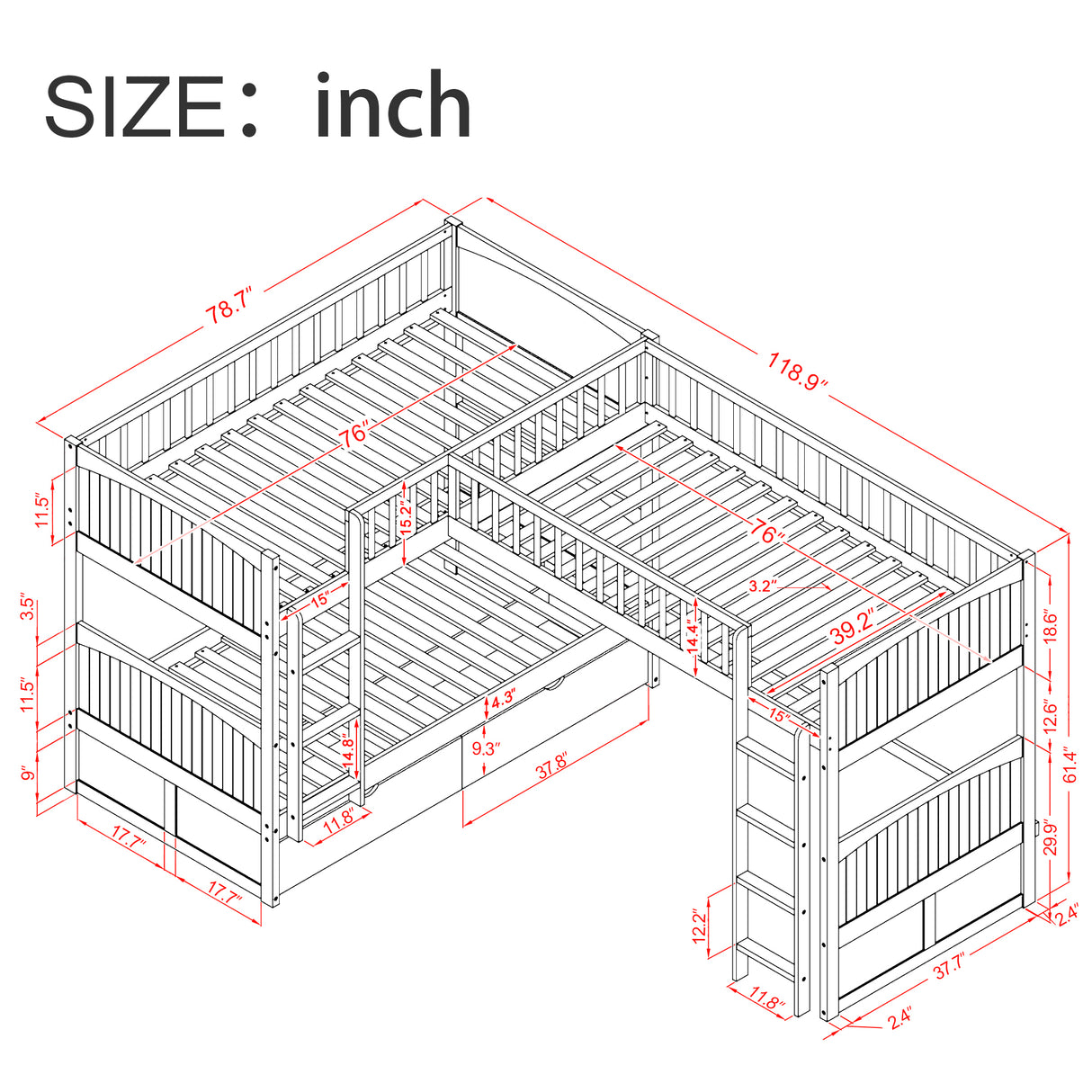 Twin Size Bunk Bed with a Loft Bed attached, with Two Drawers,Gray - Home Elegance USA