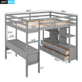 Full Size Loft Bed with Built-in Desk with Two Drawers, and Storage Shelves and Drawers,Gray - Home Elegance USA