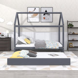 Twin Size Upholstered House Platform Bed with Trundle,Grey - Home Elegance USA