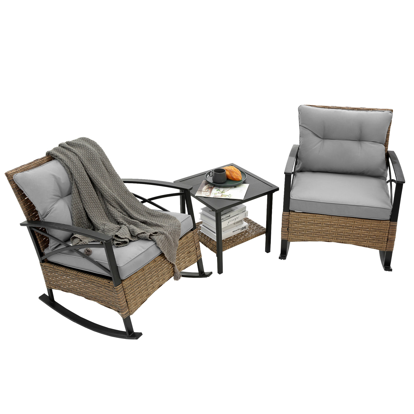 3pcs rocking rattan set wholesale leisure chair outdoor rattan rocking chair set grey