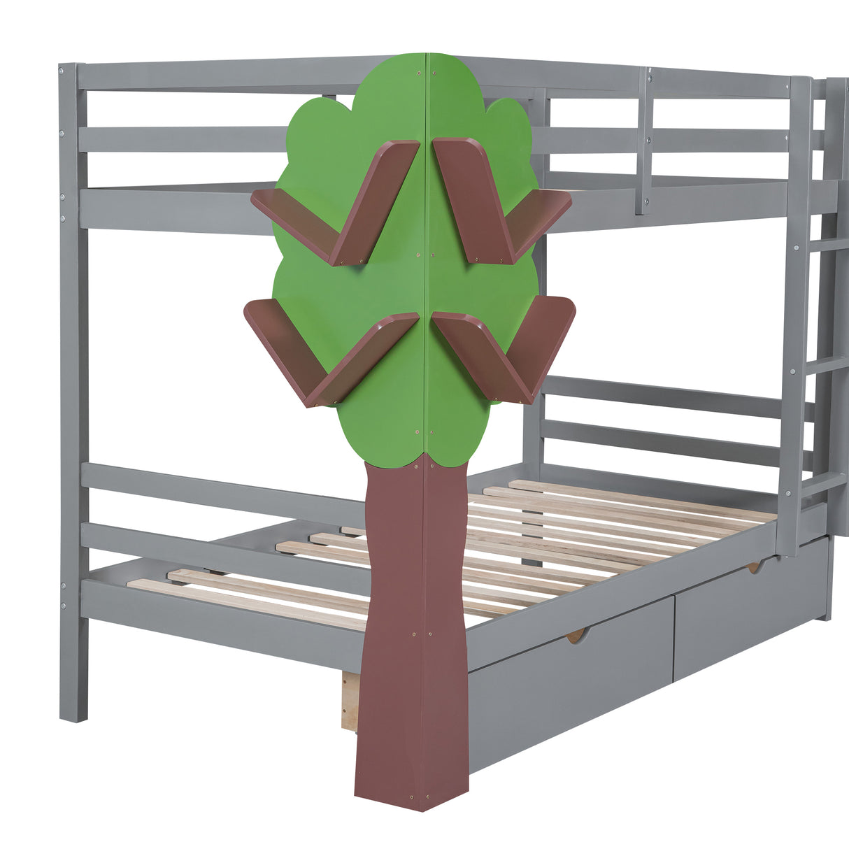 Twin-Over-Twin Bunk Bed with  a Tree Decor and Two Storage Drawers, Gray - Home Elegance USA