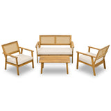 GO 4-piece Acacia Wood Sofa Set, Outdoor Living Space Furniture, Garden Set, Backrest With Wicker Mesh Design, Beige Cushions