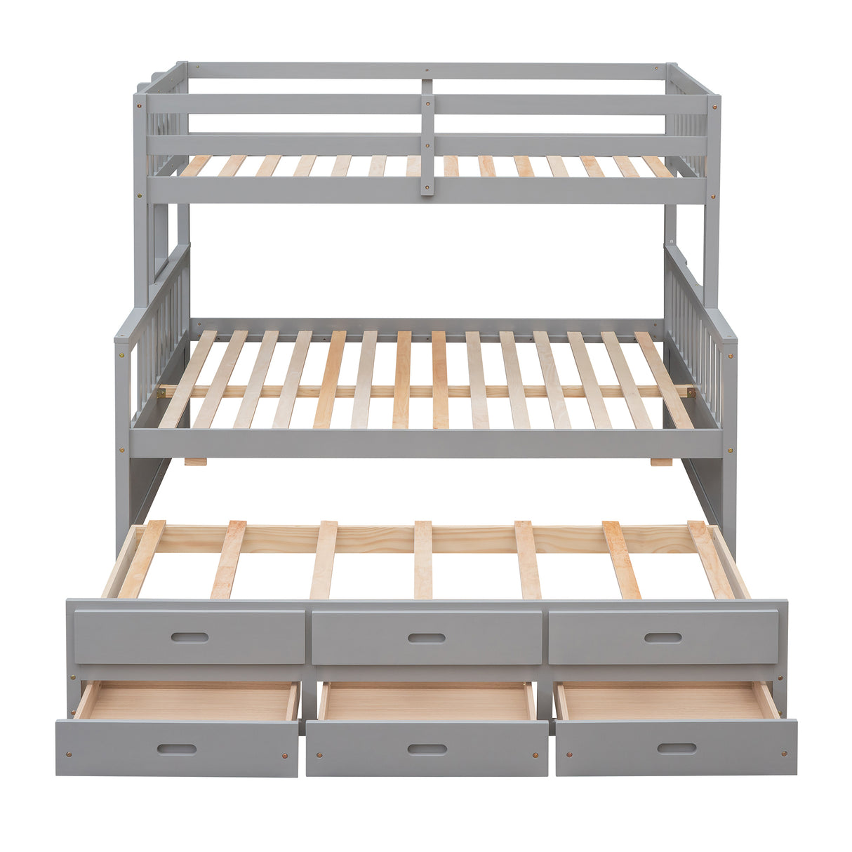 Twin-Over-Full Bunk Bed with Twin size Trundle , Separable Bunk Bed with Drawers for Bedroom - Gray - Home Elegance USA