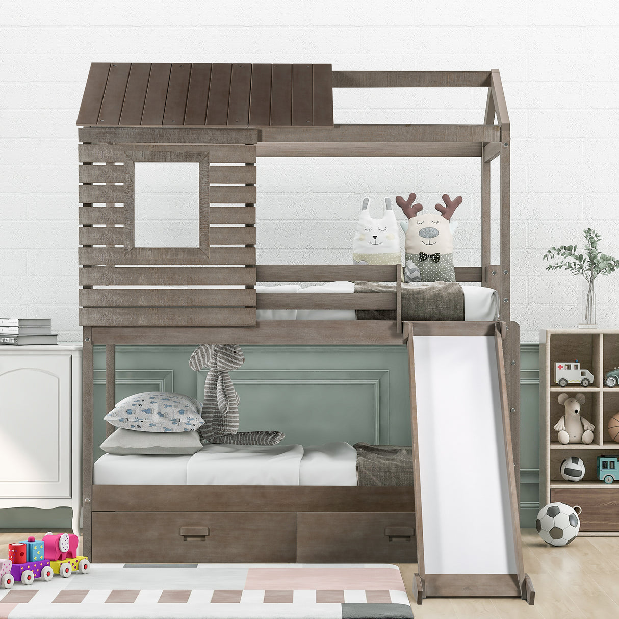 Twin Over Twin Bunk Bed with Two Storage Drawers and Slide, House-Shaped Wood Bunk Bed, Antique Gray (OLD SKU:LP000089AAE) - Home Elegance USA