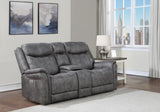 Transitional Console Loveseat - Gray Faux-Suede, Power Footrest, Power Headrest - Concealed Cupholders, Built-In Console - Comfortable and Durable Design Home Elegance USA