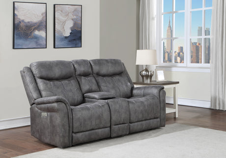 Transitional Console Loveseat - Gray Faux-Suede, Power Footrest, Power Headrest - Concealed Cupholders, Built-In Console - Comfortable and Durable Design Home Elegance USA