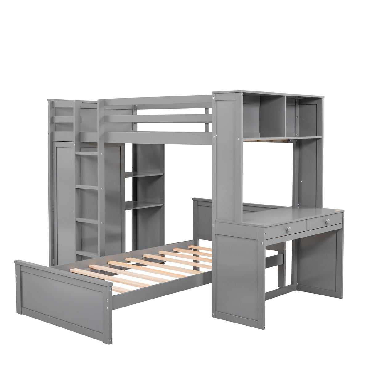 Twin size Loft Bed with a Stand-alone bed, Shelves,Desk,and Wardrobe-Gray - Home Elegance USA