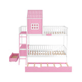 Twin over Twin Bunk Bed with Twin Size Trundle , Farmhouse Bed with Storage Box and Drawer - Pink - Home Elegance USA