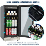 Built-in and Freestanding 15" Mini Beverage Refrigerator/Wine Cabinet, 120 Cans, 34-65°F, Quiet, Adjustable Shelves, LED Lighting, ETL , Touch Controls, Defrost, Double Glass Door, Kitchen/Bar /office