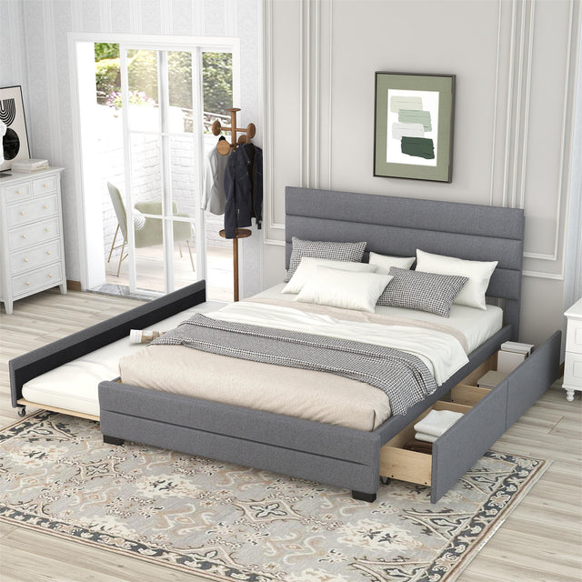 Queen Upholstered Platform Bed with Twin Size Trundle and Two Drawers,Grey - Home Elegance USA