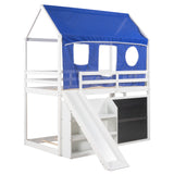 Twin over Twin House Bunk Bed with Blue Tent, Slide, Shelves and Blackboard, White - Home Elegance USA