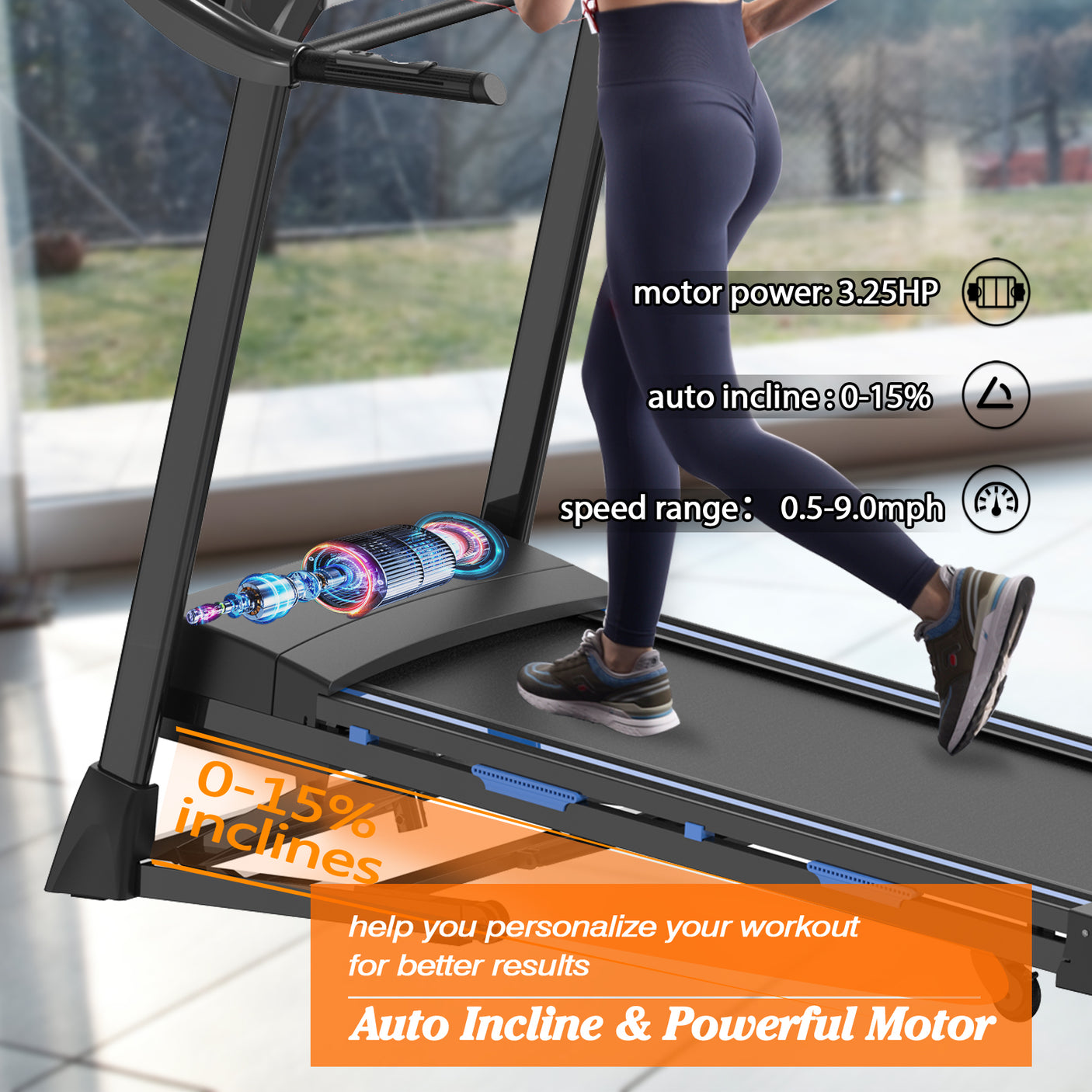 Treadmills for Home, Electric Treadmill with 15% Automatic Incline, Foldable 3.25HP Workout Running Machine Walking, Double Running Board Shock Absorption Pulse Sensor Bluetooth Speaker APP FITSHOW.