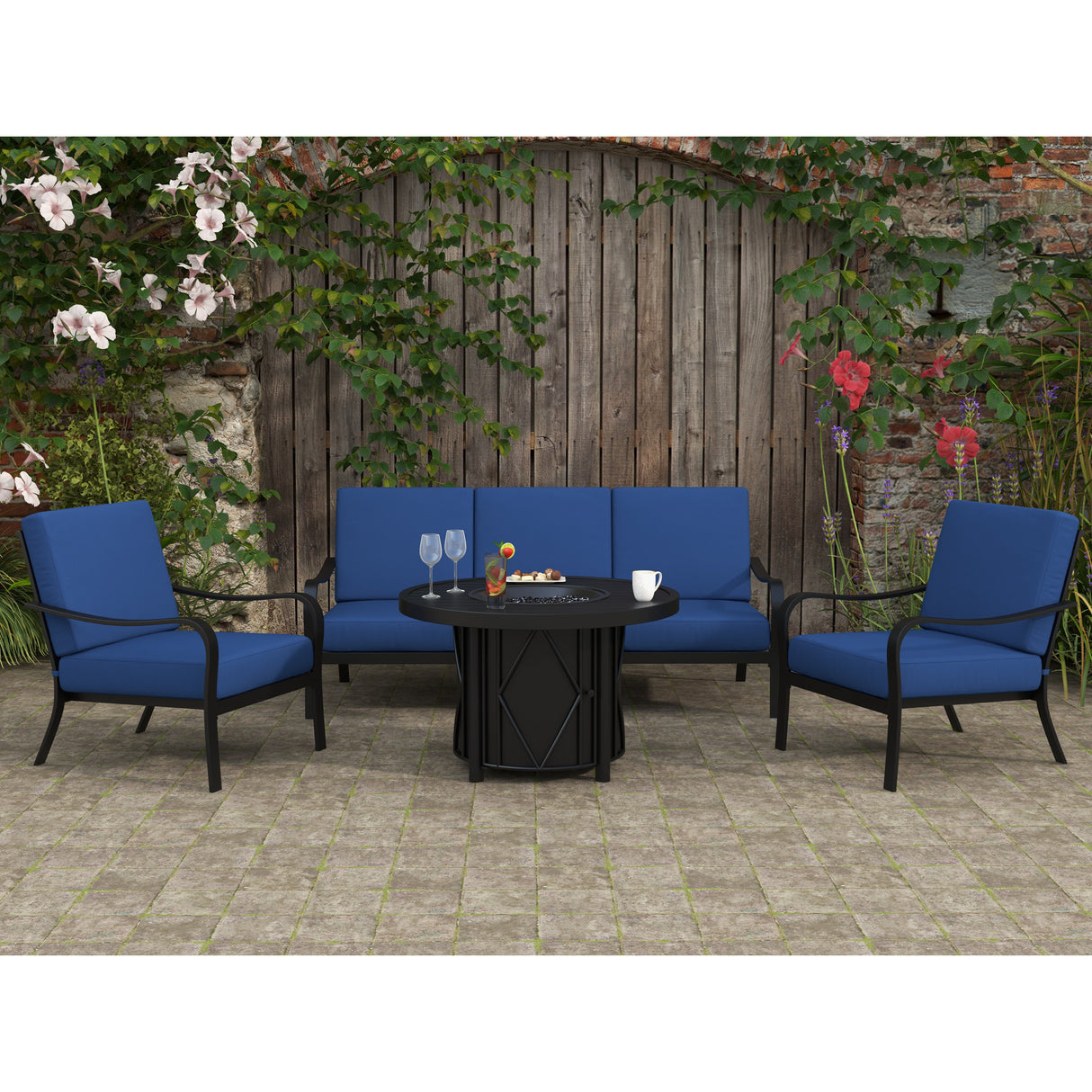 Ultimate Outdoor Firepit Seating Set: Modern 4-Piece Conversation, Lounge Set, Stylish Design, Durable Construction, Propane Round Firepit Table, Ideal for Patios, Gardens, Backyards