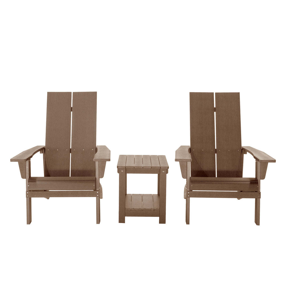 Key West 3 Piece Outdoor Patio All-Weather Plastic Wood Adirondack Bistro Set, 2 Adirondack chairs, and 1 small, side, end table set for Deck, Backyards, Garden, Lawns, Poolside, and Beaches, Brown - Home Elegance USA