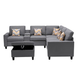 Nolan Gray Linen Fabric 7Pc Reversible Sectional Sofa with Interchangeable Legs, Pillows, Storage Ottoman, and a USB, Charging Ports, Cupholders, Storage Console Table - Home Elegance USA