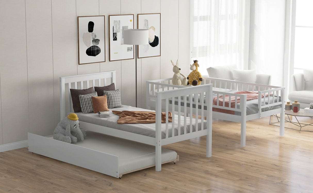 Twin over Twin Bunk Bed with Trundle and Storage, White - Home Elegance USA