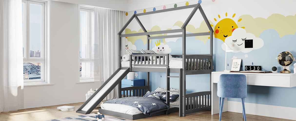 Twin Over Twin Bunk Bed with Slide, House Bed with Slide, Gray(OLD SKU: LT000214AAE) - Home Elegance USA