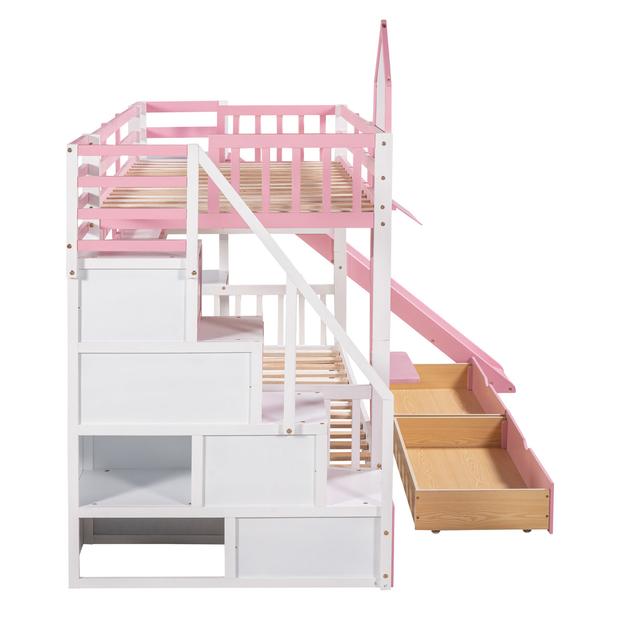 Twin-Over-Twin Castle Style Bunk Bed with 2 Drawers 3 Shelves and Slide - Pink